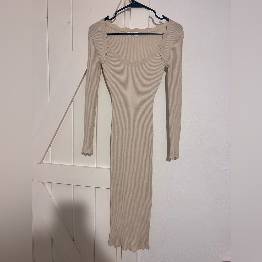 Beige Ribbed Sweater Dress